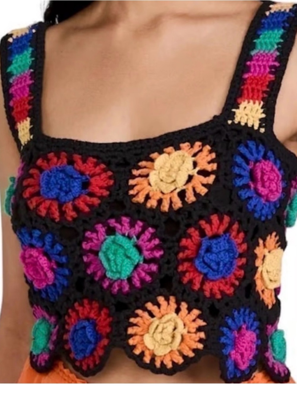 FARM Rio Black Crochet Floral Crop Tank with Multicolor Flowers, Size M